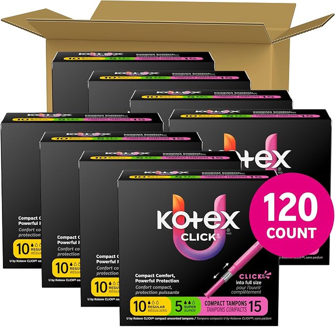 U by Kotex Click Multipack Tampons, Compact, Regular/Super Absorbency, Unscented, 120 Count (8 Packs of 15) (Packaging May Vary)