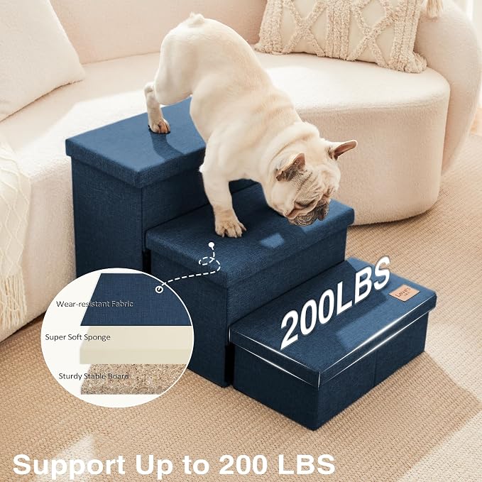 Love's cabin Dog Stairs for High Bed, Foldable Pet Stairs for Small Medium or Large Dogs Puppy with Storage for Bed or Couch, Cat Dog Steps Ramp with Zip up to 200 lbs, Navy Blue, 3 Steps