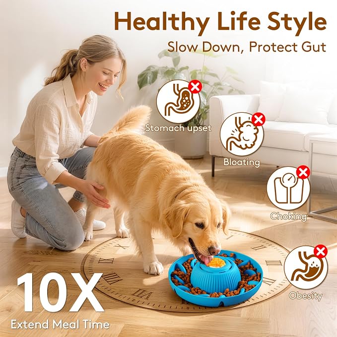 Slow Feeder Dog Bowls 2 in 1 Liquid Treat Dog Lick Bowl and Dog Bowls – 5‑Cup Large Capacity, Liquid and Solid Food Treat Dispenser for Slowing Down Eating for Large Medium Small Dogs and Cats (Blue)
