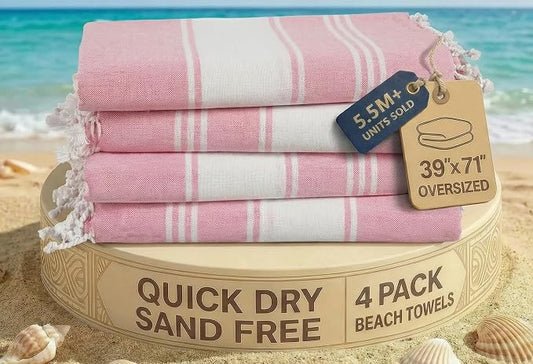 LANE LINEN Turkish Beach Towel Set of 4 - Beach Towels, Pre-Washed Pool Towel, Extra Large Beach Towel, Quick Dry & Sand Free, Absorbent Travel Towel, 39"x71" - Candy Pink
