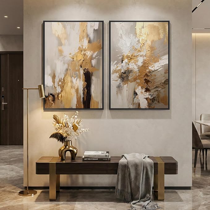 Framed Modern Luxury Brown Gold Abstract Wall Art for Living Room, 24x36 In | 2 Piece, Canvas prints, Brown gold paintings, Wood framed, Elegant luxury pictures, Dining room bedroom wall decor