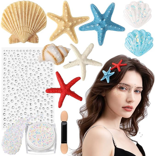 YGDZ Mermaid Hair Accessories, Starfish Hair Clips, Seashell Hair Clip, Face Body Glitter, Face Gems, for Mermaid Costume Women, Halloween Mermaid Outfit
