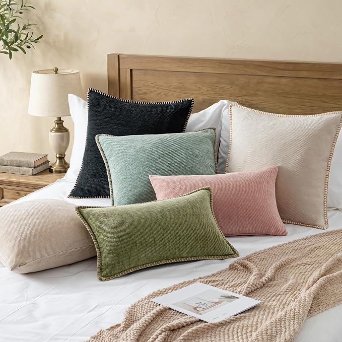 a moment Pack of 2 Decorative Chenille Throw Pillow Covers with Twill Cushion Covers for Sofa Living Room Couch Bed 20x12 Inch,Crafted Border Beige