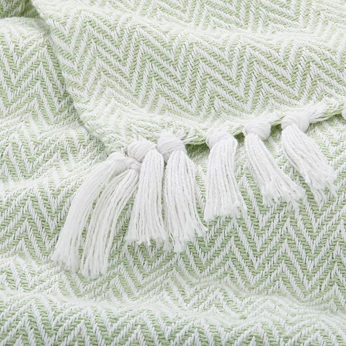 Americanflat 50x60 Throw Blanket - Soft and Breathable Cotton Throw Blanket for Couch, Bed, Chair - Decorative Blankets Perfect for Home or Outdoor Use - Light Green and White Herringbone Design
