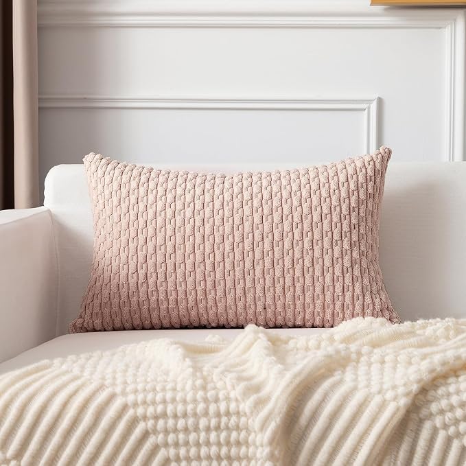 Kevin Textile Soft Corduroy 12"x20" Lumbar Pillow Cover 1 Pack, Light Pink | Boho Stripe Plush Corduroy Decorative Oblong Cushion Cover Modern Farmhouse Home Decor for Sofa Couch Bed Chair