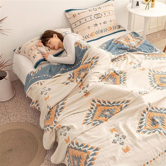 MSGKV Summer Cotton Muslin Boho Throw Blanket 60"x80" for Couch Bed | Cotton Muslin Throw, Soft Quilted Blanket, Boho Style, Couch Bed Chair Use, All Season Comfort, Gift Ready, Machine Washable