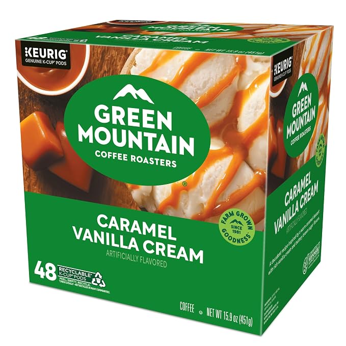 Green Mountain Coffee Roasters Caramel Vanilla Cream, Single-Serve Keurig K-Cup Pods, Flavored Light Roast Coffee Pods, 48 Count