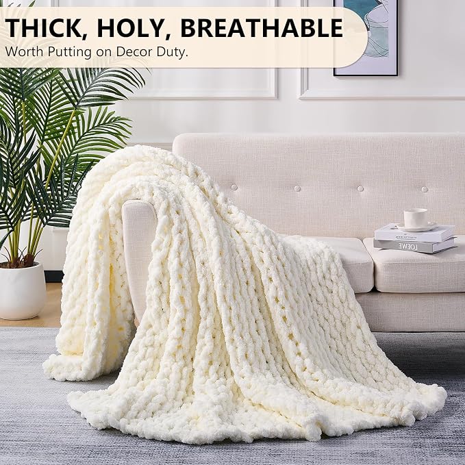 L'AGRATY Chunky Knit Throw Blanket for Couch, 72 x 84 Inches, Cream White | Handmade Chenille Crochet Blanket for Sofa Bed, Thick Cable Knitted Blankets for Room Home Decor, Birthday Gift for Women Mom