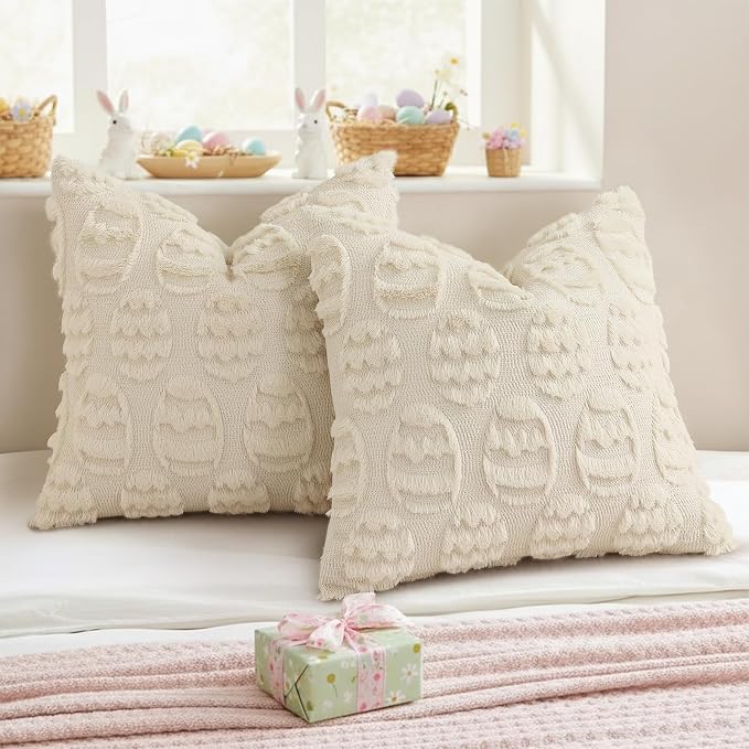 decorUhome Beige Faux Fur Egg Throw Pillow Covers 16x16 Set of 2 | Plush Soft Wool Jacquard Beige Cushion Covers, Modern Farmhouse Neutral Easter Holiday Decor Pillow Covers for Couch Sofa Bed