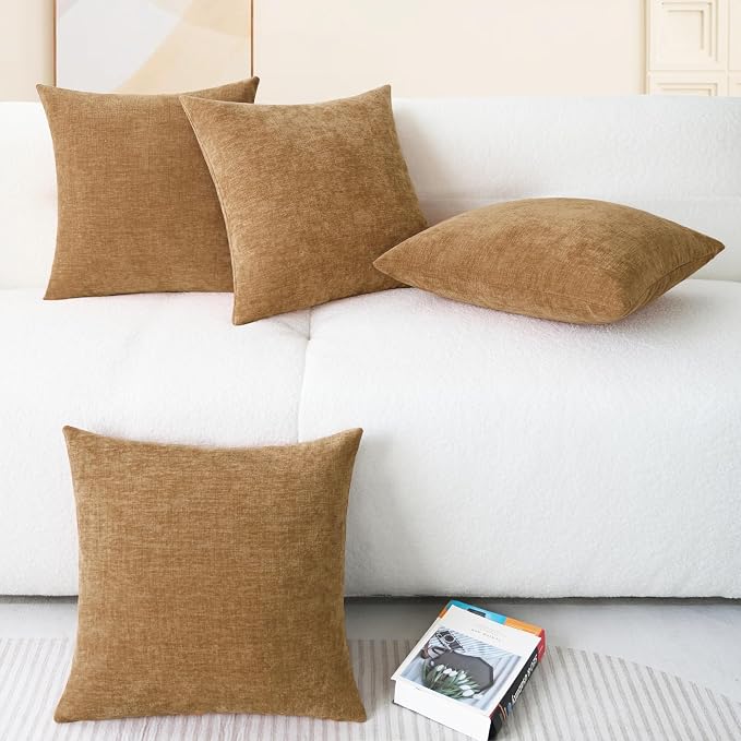 CaliTime Decorative Couch Throw Pillow Covers 18 X 18 Inches Apricot Brown | Pack of 4, Cozy Chenille Cushion Cases for Sofa Bed Living Room Farmhouse Home
