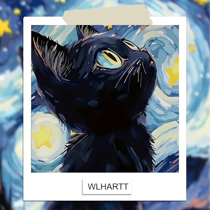 Framed Black Cat Wall Art, Van Gogh Starry Night Canvas Wall Decor, Cute Cat Animal Poster Print Picture, Impressionist Artwork Oil Painting for Bedroom Living Room Nursery 16x24 Inch