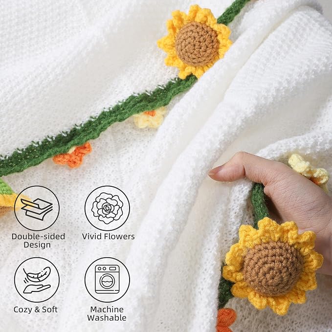 Ivydale 43inch Sunflowers Crochet Blanket Knitted Flower Bouquet Throw | Handmade Knitted Blanket, Gift for Her Girlfriend Mom Mother’s Day Valentine Wedding Anniversary Birthday