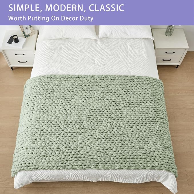 Bigacogo Chunky Knit Throw Blanket for Couch, 40x80 inches, Sage Green | Hand Knit with Jumbo Chenille, Soft Breathable Cable Knit for Sofa Bed Living Room, Machine Washable, Gift for Mom Friend