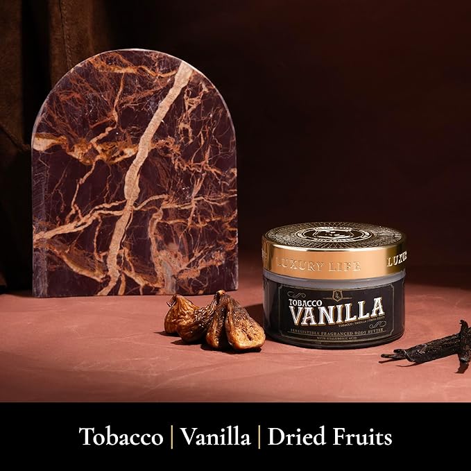 LUXURY LIFE BUTTER - Irresistibly Scented Body Butter with Hyaluronic Acid for Ultimate Moisture. Luxurious Natural Fragrance. Hydrates for a Non-Greasy Glamorous Glow, Tobacco Vanilla, 5 oz.