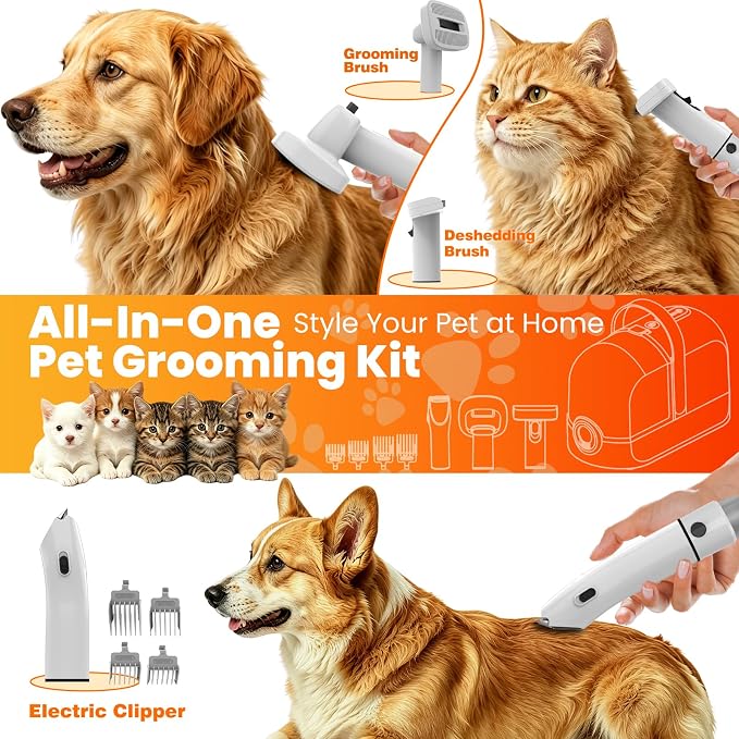 PG10 Dog Grooming Vacuum with Electric Clipper & Shedding Brush, 12,000Pa Suction Pet Grooming Vacuum for Dogs, Low Noise Pet Hair Vacuum with Grooming Kit for Home Shedding and Trimming
