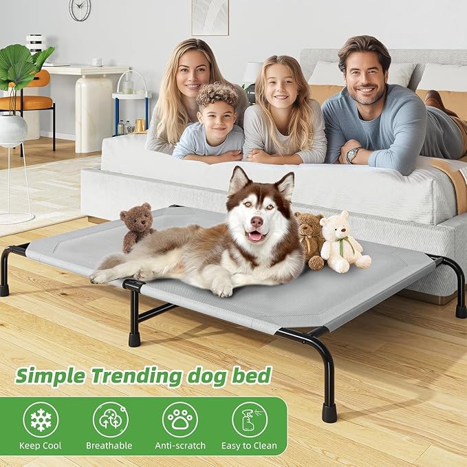 Simple Trending Outdoor Elevated Dog Bed, Cooling Raised Dog Cots, Grey | Pet Bed for Extra Large Dogs, Waterproof Cover, Breathable Mesh, Non-Slip Feet, Indoor or Outdoor Use, 60.25" x 37.25"