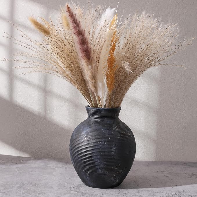 Ceramic Flower Vase Home Decor, 7.4 in Farmhouse Table Vase Retro Vintage Living Room Kitchen Bedroom Decoration Pottery Decorative Vases for Flowers House Shelf Office Desk Dining Entryway, BlackGold
