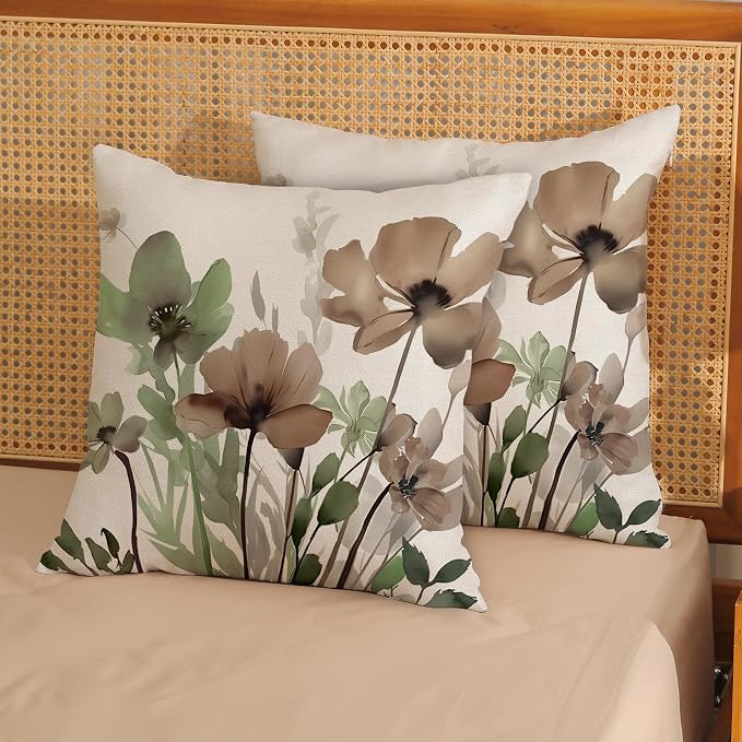 Floral Pillow Covers 24x24 Inches Set of 2 Sage Green Brown Floral Throw Pillow Cover Outdoor Decor Spring Summer Flower Decoration Pillowcase Farmhouse Decorative Cushion Cover for Home Couch