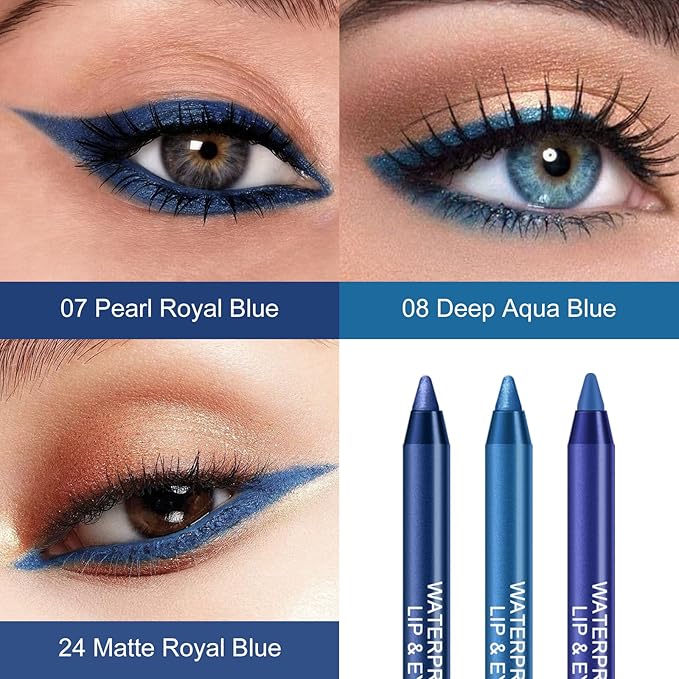 Ownest 3Colors Matte & Shimmer Blue Gel Eyeliner Pen, Pearl Metallic Eyeliner Pencil Kit, Glitter Eye Liner for Women, Professional Colorful Eye Makeup Pencil Set, Waterline Eyes Liner with Sharpener