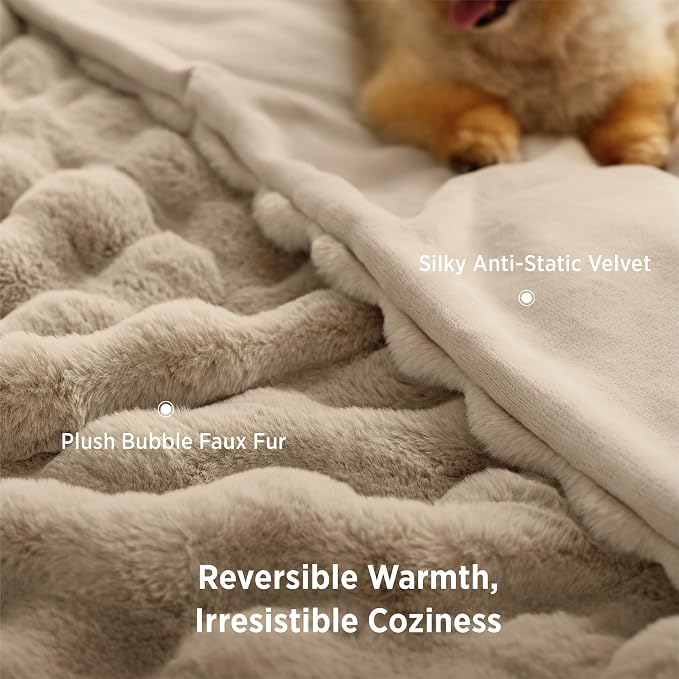 Bedsure GentleSoft Bubble Faux Fur Blankets Queen Size, Fluffy Fuzzy Queen Blanket for Bed, Soft Cozy Faux Fur Bedding for Winter, Thick Warm Plush Bed Cover, Beige, 90x90