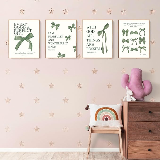 LARTSFRO Coquette Green Bow Wall Art Decor Posters, Olive Green Bow Christian Room Bedroom Bathroom Dorm Wall Art Decor Aesthetic for College Teen Girls Gifts, Inspirational Bible Verses Bow Wall Decor, 10x8 Inch Set of 4 Pcs Bow Pictures (UNFRAMED)