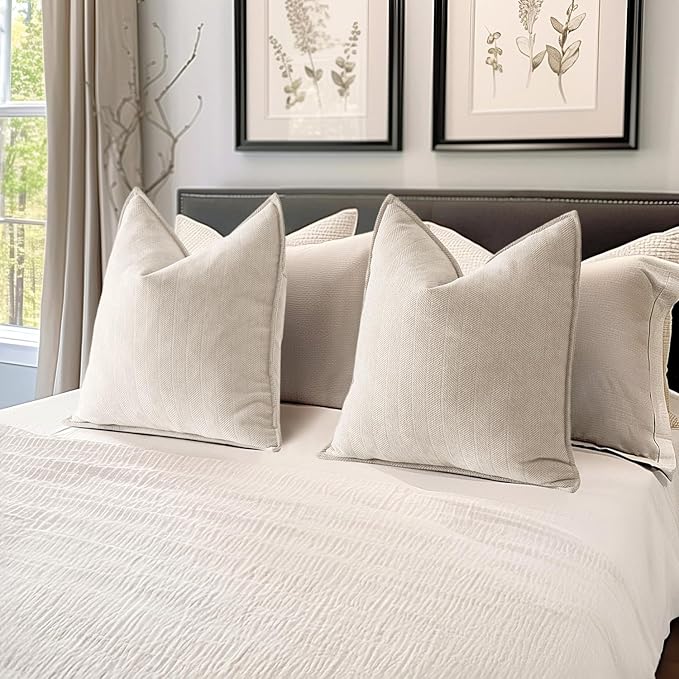 MIULEE Pack of 2 Cream Beige Decorative Chenille Pillow Covers 20x20 Inch | Soft Couch Throw Pillows,Farmhouse Cushion Covers with Elegant Design for Sofa,Bedroom,Living Room,Spring Home Decor