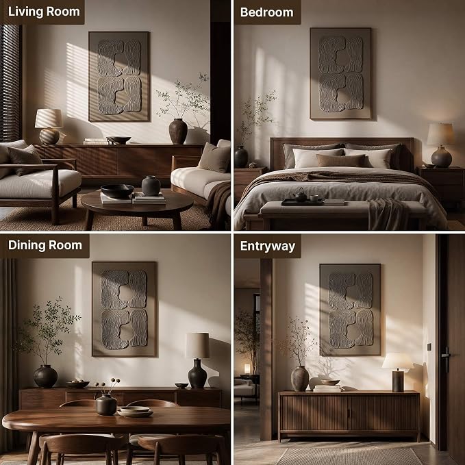 Thalasse Abstract Wall Art Large Framed 3D Oatmeal Beige 24x36 In | Wabi Sabi sandstone relief artwork, solid Catalpa wood frame, minimalist hallway entryway decor, 1 piece