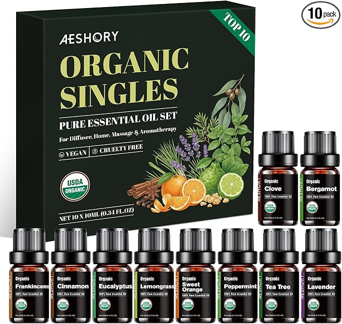 Organic Essential Oils Gift Set, Top 10x10ML-100% Pure Natural Aromatherapy for Diffusers, Humidifiers, Candle Making, Peppermint, Tea Tree, Lavender, Frankincense, Lemongrass, Eucalyptus & More