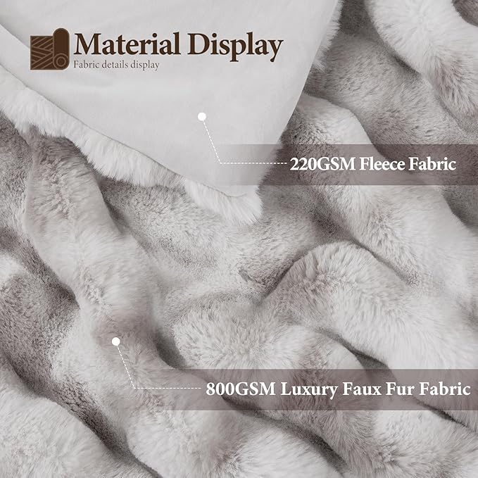 Luxury 1000GSM Faux Rabbit Fur Throw Blanket, Super Heavy Warm Cozy Grey Blankets for Couch Bed Sofa, Ruched Plush Fuzzy Elegant Soft Reversible Mink Blanket for Living Room Bedroom