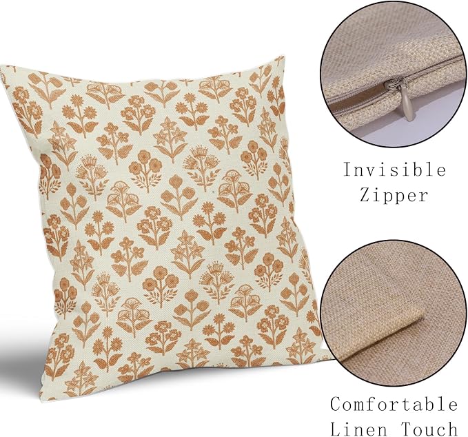 Burnt Orange Floral Pillow Covers 20x20 Inch Set of 2, Vintage Flower Block Print Pattern Decorative Throw Pillowcases Outdoor Farmhouse Cushion Covers Spring Summer Rustic Sofa Couch Bed Decor