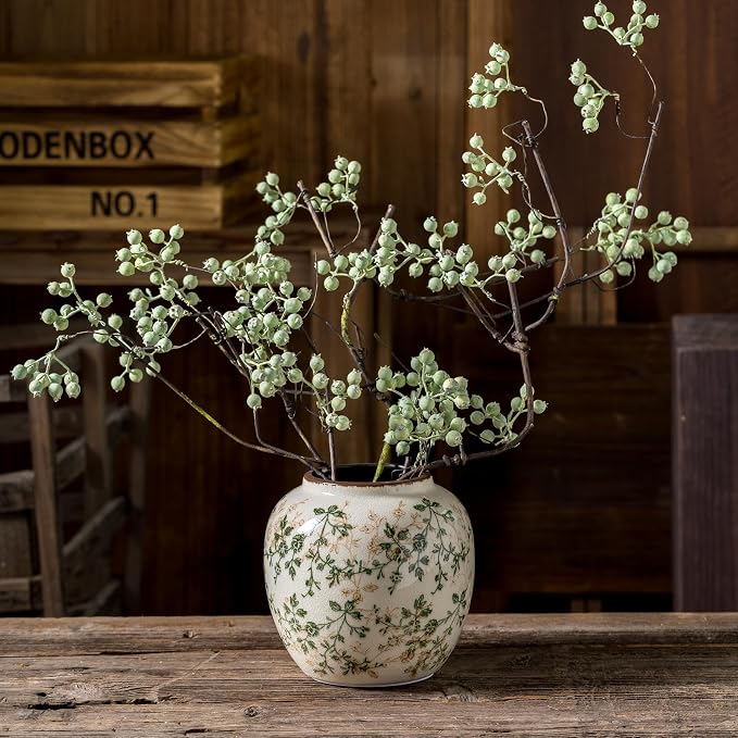 Ceramic Flower Vase for Home Decor, Vintage Decorative Green Vase 6.7 Inch | Rustic Farmhouse Floral Vase for Living Room, Coffee Table, Mantel, Kitchen, Bookshelf, Entryway, Wedding Centerpiece