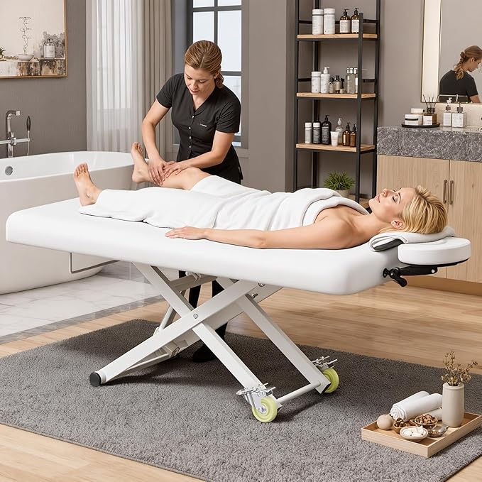 Electric Massage Table Bed - Facial Spa Treatment Table, Esthetician Bed with Wheel, Hand & Foot Pedal Dual Control Adjustable Height 440lbs, Professional Salon & Beauty Spa Use (White)