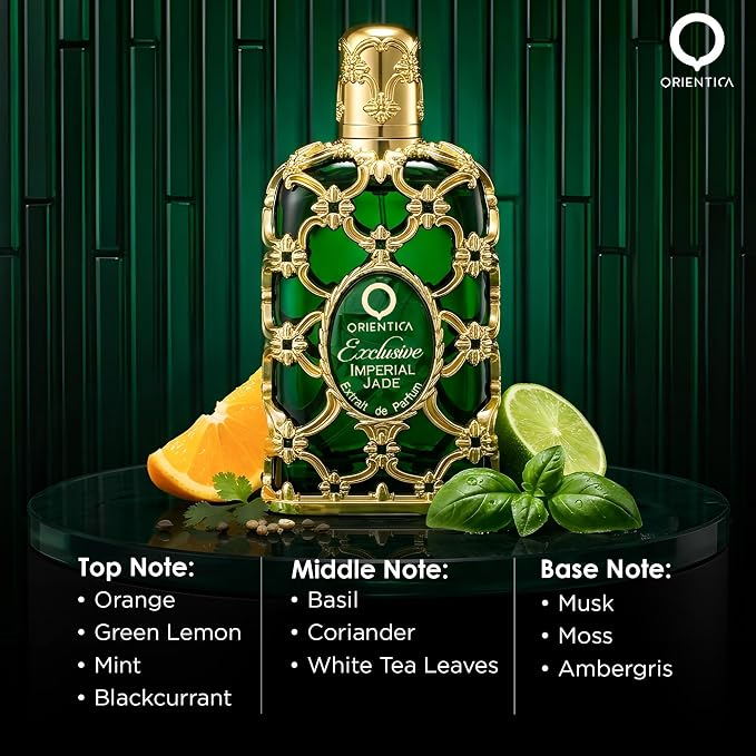 Orientica Luxury Exclusive Imperial Jade Extrait de Parfum 2.7 Oz/80ml - Orange, Green Lemon, Mint, Blackcurrant, Basil, Coriander, White Tea Leaves, Musk, Ambergris – Arabic Perfume for Men & Women