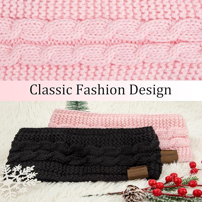 Loritta 2 Pack Headbands for Women Winter Warm Cable Knit Ear Warmer Thick Head Wrap Fuzzy Fleece Lined Gifts
