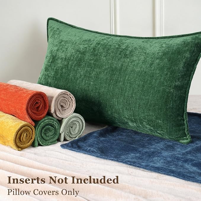 decorUhome Chenille Green Velvet Throw Pillow Covers 18x18 Set of 2 | Fall Soft Couch Decorative Modern Farmhouse Pillow Cases with Elegant Design for Sofa Bed Living Room Home Decor