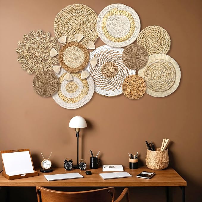 Set of 11 Boho Wall Basket Decor Wicker Woven Wall Basket Decoration | LOMOHOO Bohemian Handcrafted Round Basket Hanging Decor Bulrush Wall Art Decors for Living Room Rustic Home