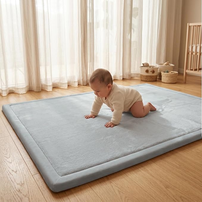 ACOMOPACK Baby Play Mat for Floor 1.3" Thick Memory Foam Play Mat 79"×118" Tummy Time Crawling with Non-slip Bottom for Living Room,Nursery,Soft Velvet Playpen Mats for Kids,Infants（Light Grey）