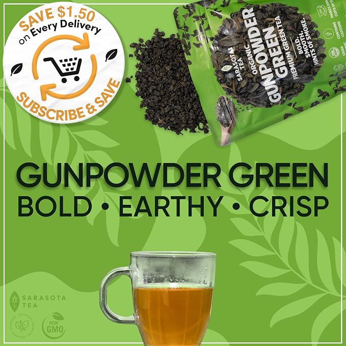 Organic Gunpowder Green Tea Loose Leaf, 1 lb Bulk Bag, USDA Organic Chinese Green Tea, Bold Earthy Flavor, Non-GMO