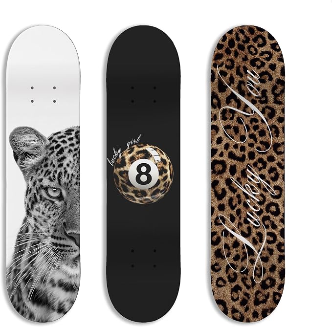 TwoDays Stockholm Cheetah Skateboard Wall Decor - Leopard Print Modern Style Wall Mount Art Set for Men's Apartment & Dorm, Cool Skate Deck, Trendy Skater Room Design (Set of 3)