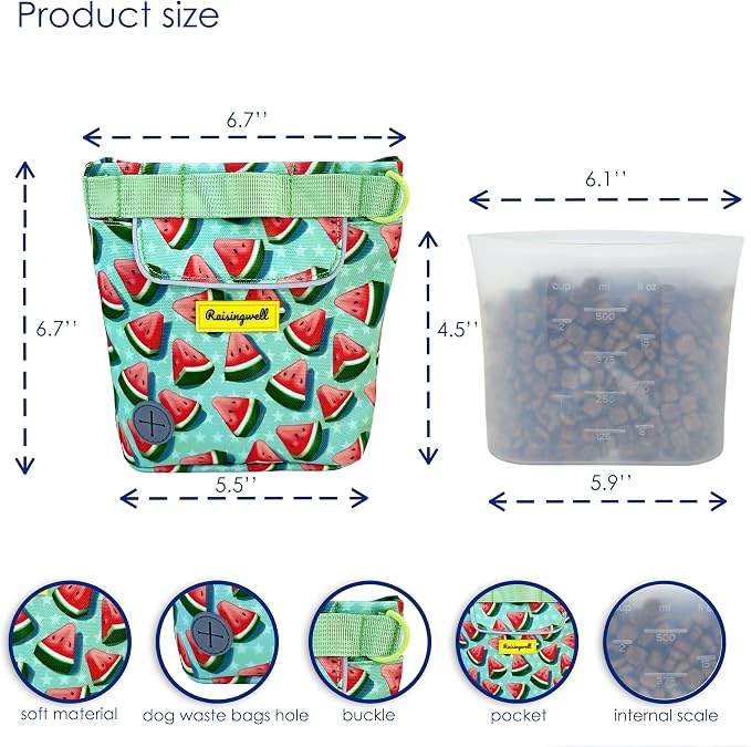 Raisingwell Dog Treat Pouch for Pet Walking and Training with Clicker 2 Cup Silicone Bag Small Fanny Pack Holder for Puppy Snack Dispenser Kit for Leash and Outdoor Use (Watermelon)