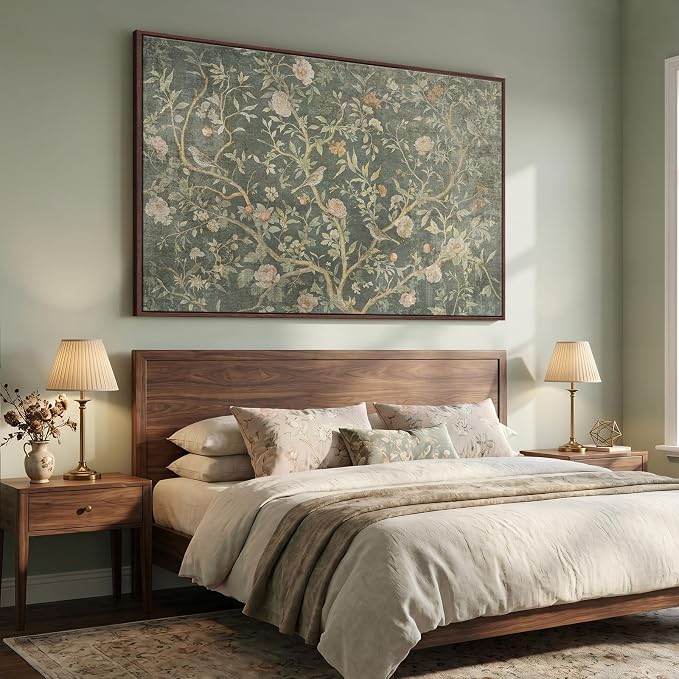 Extra Large Framed Green Vintage Botanical Wall Art for Living Room, 72x48 | Oversized, Canvas print, Retro green, Floral picture, Bird, Wall art bedroom, Dining room wall decor, Solid wood frame