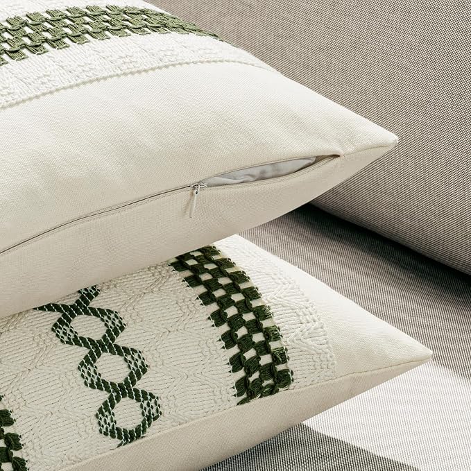 MIULEE Set of 2 Moss Green Boho Decorative Pillow Covers 18x18 Inch | Farmhouse Couch Throw Pillows, Modern Cotton Cushion Covers, Macrame Woven Spring Decor for Bed Sofa Chair