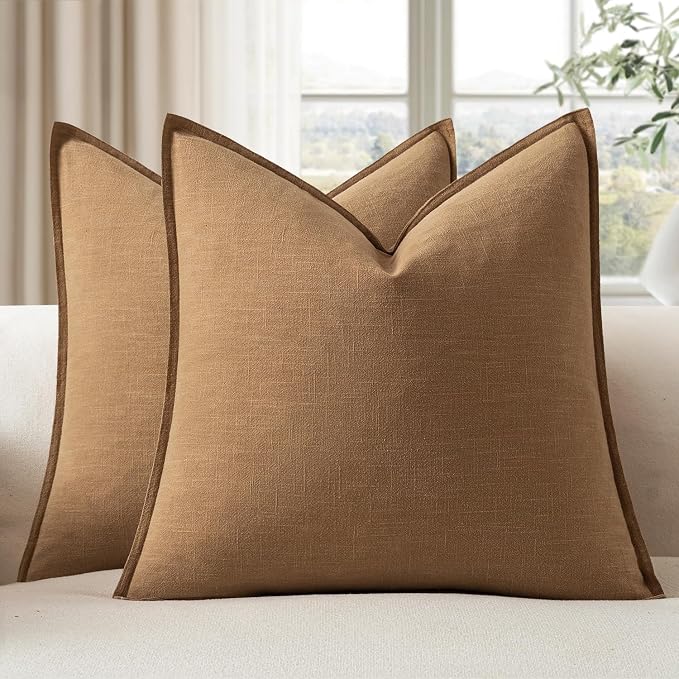 EMEMA Euro Sham Decorative Linen Throw Pillow Covers 24x24 Inch Fall Brown | Boho Farmhouse Neutral Couch Throw Pillows for Bed Pack of 2 Accent Pillowcase Modern Sofa Cushion Livingroom Home Decor
