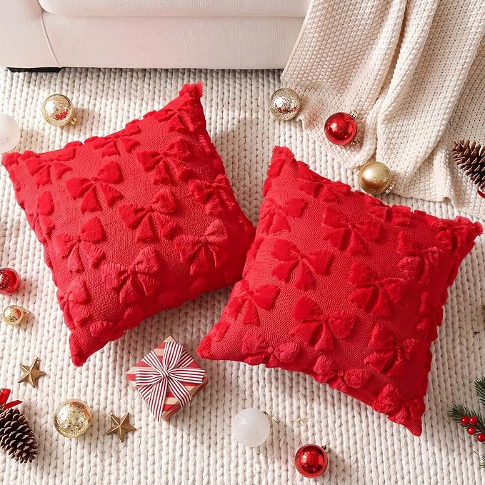 Mixweer Red Bow Pillow Covers Set of 2 Preppy Room Decor Coquette Cute Spring Summer Decorative Faux Fur Soft Bowknot Stuff Fluffy Plush Aesthetic Pillowcase for Bed Sofa Couch (20 x 20 Inch)