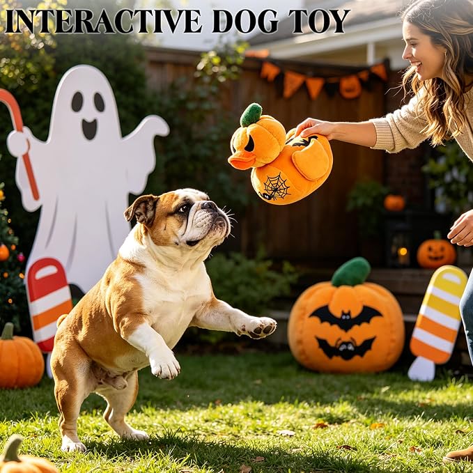 EXPAWLORER Halloween Squeaky Dog Toy - Funny Pumpkin Duck Plush Puppy Chew Toy with Crinkle Paper & Squeaker, Durable Interactive Stuffed Duck for Small Medium Large Dogs, Gift for Teething Holiday