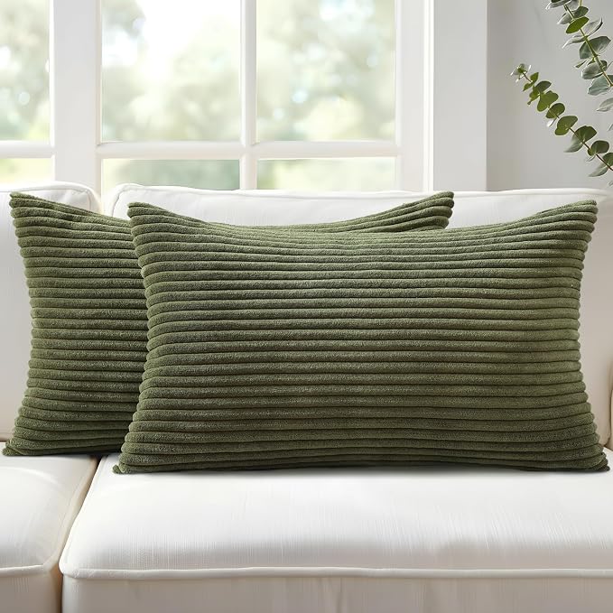 Mecatny Corduroy Fall Throw Pillow Covers 12x20 Set of 2 Olive Green | Soft Striped Texture, Hidden Zipper Design, Neutral Boho Lumbar Pillow Cases for Sofa Couch Living Room Bedroom, Home Décor