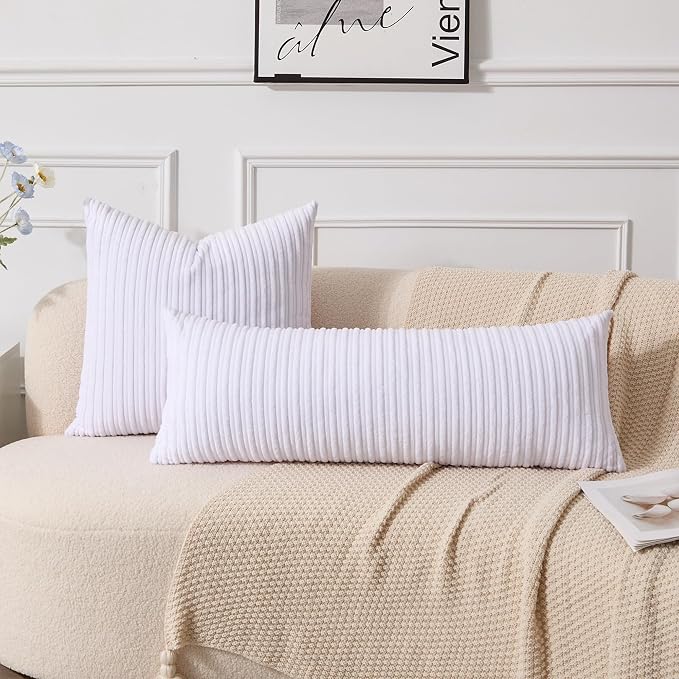 UGASA 14x36 Inch Pillow Cover Pack of 1 Soft Boho Stripe Corduroy Large Long Rectangular Lumbar Cushion Cover Farmhouse Decorative Throw Pillowcase for Bed Couch Sofa Bedroom Living Room, Pure White