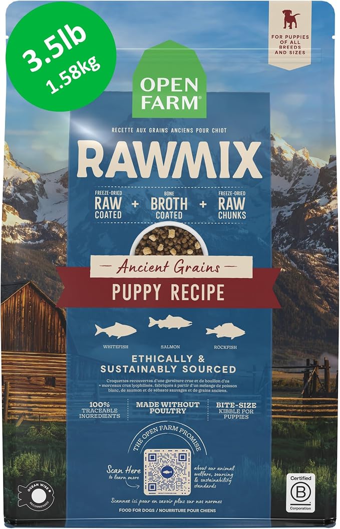 Open Farm RawMix Ancient Grains Dry Dog Food, Puppy Kibble, 3.5lb Bag | Wild-Caught Salmon, Whitefish and Rockfish, Freeze Dried Raw Chunks, 100% Traceable Ingredients, Non-GMO Fruits & Veggies.