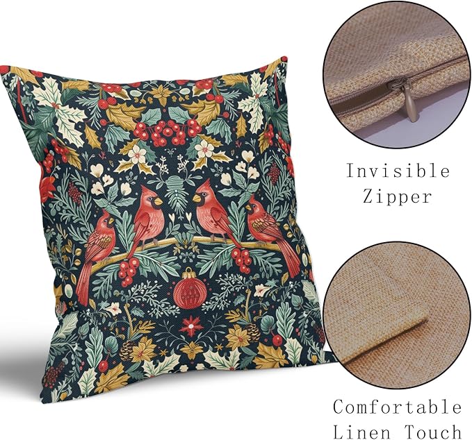 Christmas Pillow Covers 20X20 Inch Cardinal Red Birds Berry Leaves Decorative Pillow Cases Set of 2 Xmas Holiday Throw Pillows Home Decor for Sofa Couch Cushion Outdoor