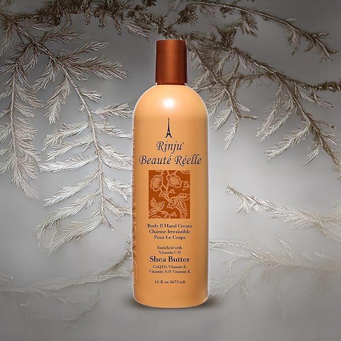 Rinju Beauté Réelle Body & Hand Cream - Non-Greasy Cream for Women & Men - 16 Oz Shea Butter Cream for Extremely Dry Skin - CoQ10, Vitamin E, A & K Moisturizer - Soothes, Caressed and Pampers Skin